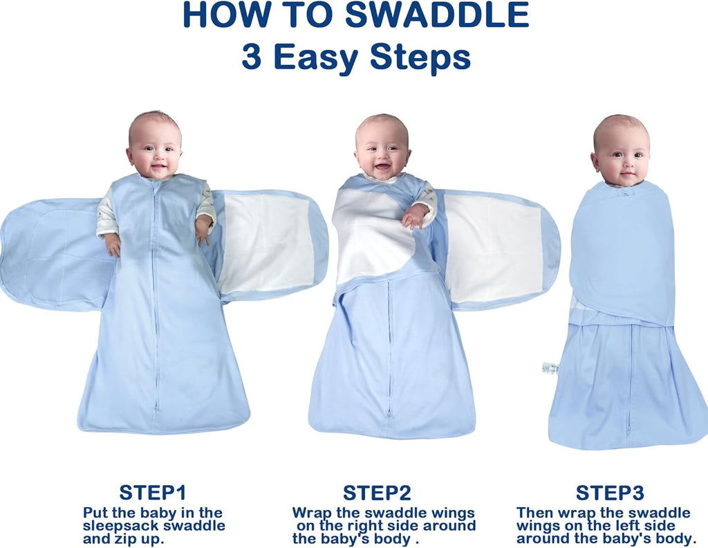 Skiennix Baby Sleep Sack Swaddle - 3-Way Adjustable Wearable Blanket | 100% Organic Cotton, 3-6 Months, 12-18 lbs, 1.0 TOG (Blue & Grey)