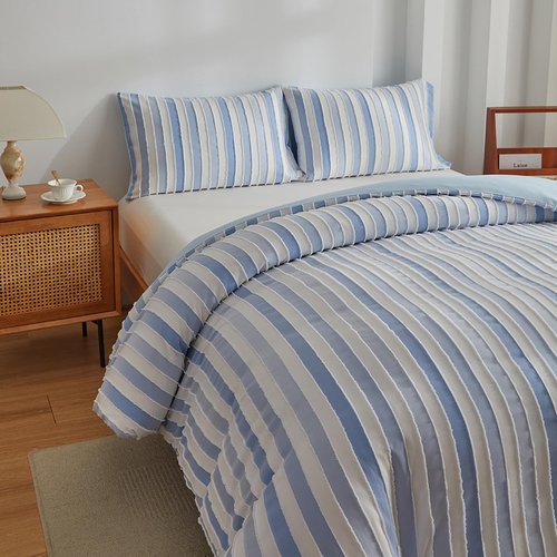 BESTDESIL Blue Duvet Cover Queen Size,3 Pcs Boho Tufted Duvet Cover Set,Striped Tufted Textured Duvet Cover with Corner Ties & Zipper Closure