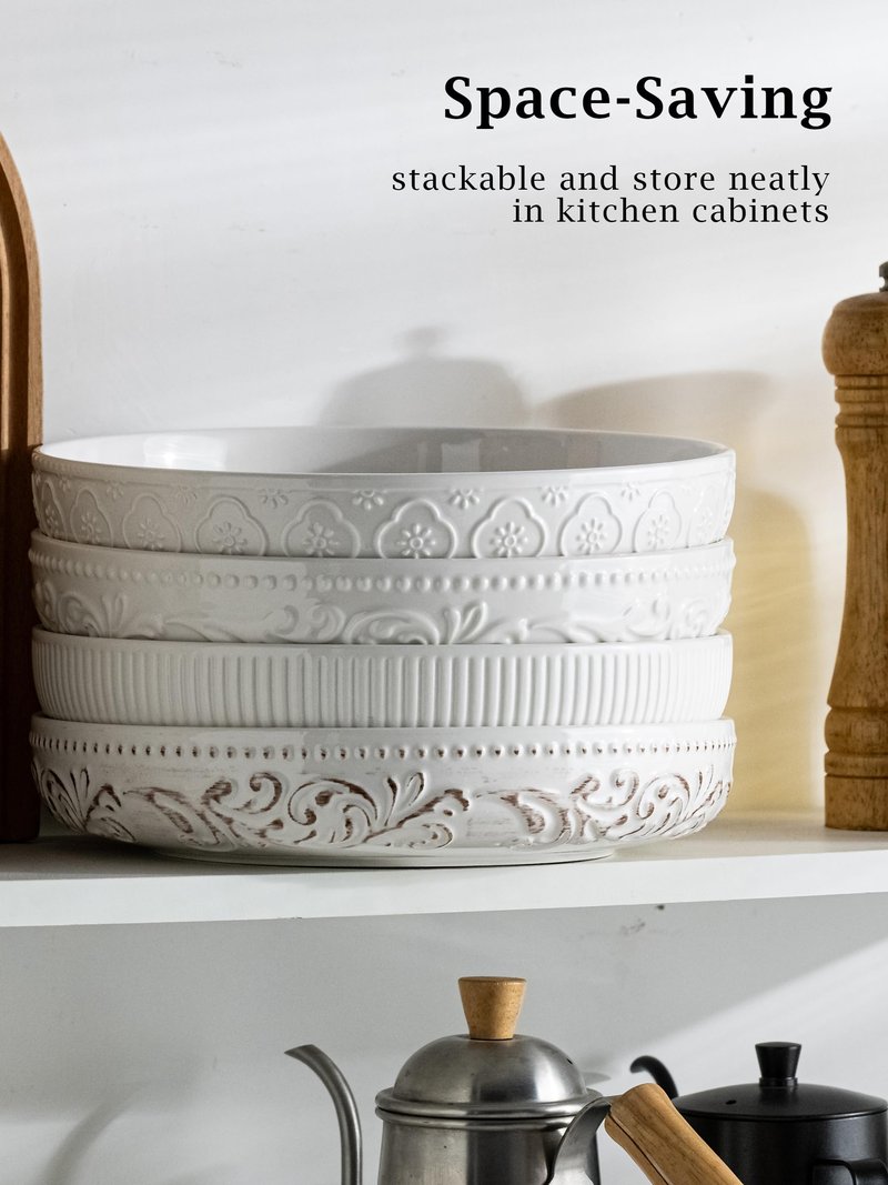 YHOSSEUN Pasta Bowls Set of 4, 50 OZ Large Salad Serving Bowls, 9.75" Pasta Plates Shallow Bowls Set, Microwave Dishwasher Safe, Antique Morning Glory