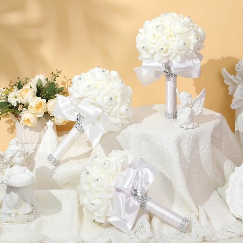 Jutom 6 Pack Wedding Bouquets for Bride Roses Bridesmaid Bouquet Bridal Bouquet Flowers Wedding Hand Holding Bouquet with Diamond Soft Ribbons for Engagement Bridal Shower Church Party (White)