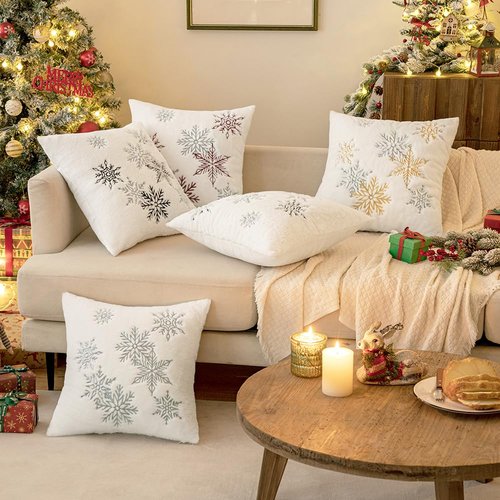 MIULEE Pack of 2 Christmas Decorative Throw Pillow Covers Soft Faux Fur Pillow Cases with Embroidery Snowflake Winter Cute Pillowcases Holiday Decor for Couch Sofa Bedroom, 18×18 Inch, Grey