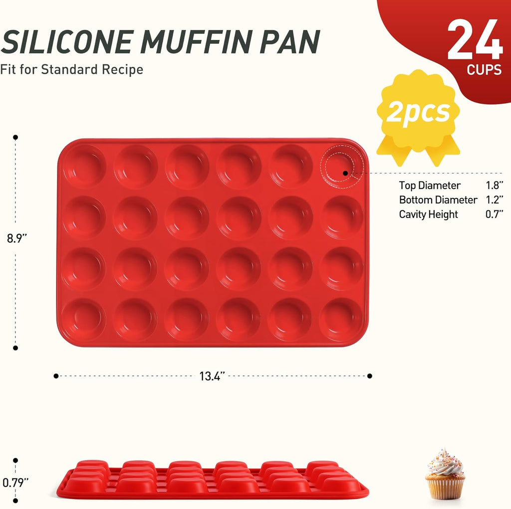 Socisen Silicone Mini Muffin Pan - 24 Cups with Metal Reinforced Frame | Ideal for Baking Cupcakes & Cheesecakes