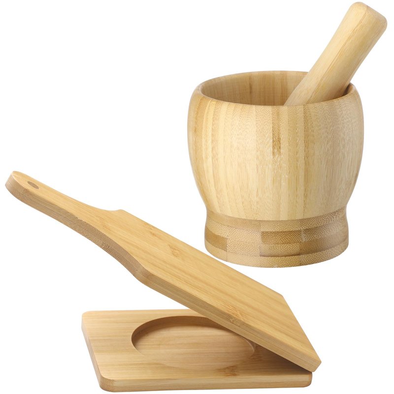 Lineshading 2 Kitchen Tools, Jumbo Bamboo Mortar and Pestle Set Wood Tostonera Tostones Plantain Press Natural Plantain Smasher Guacamole Bowl Fried Banana Pepper Press Mincer Grinder Chopper Crusher