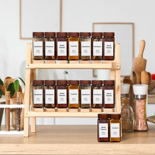 CKCY 16 Pcs Spice Jars, 4oz Seasoning Containers with Acacia Wood Shaker Lids, Glass Spice Bottles with Labels, Square Seasoning Organizer, Kitchen Spice Container