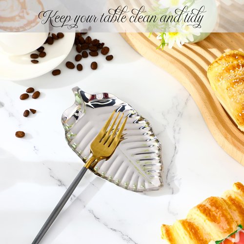Chengu 4 Pack Leaf Spoon Rest for Stove Top 9.3 Inch Stainless Steel Utensil Holder Large Metal Jewelry Trinket Dish Tray Key Holder for Table, Kitchen Counter(Silver)