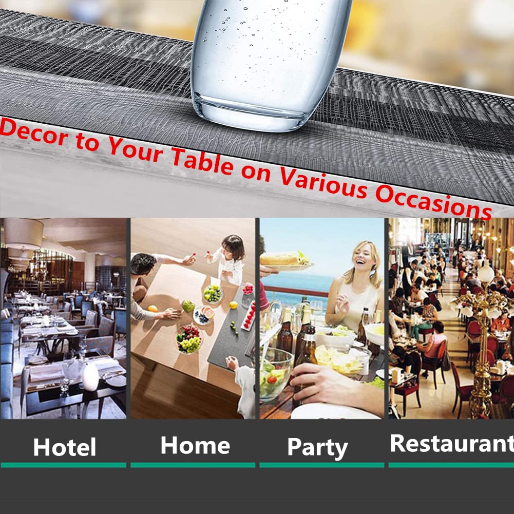 Xmkuwa Placemats, Washable PVC Table Mats, Woven Vinyl Placemat for Dining Table Place Mats Set (6 Placemats and 1 Table Runner, Black and Grey)