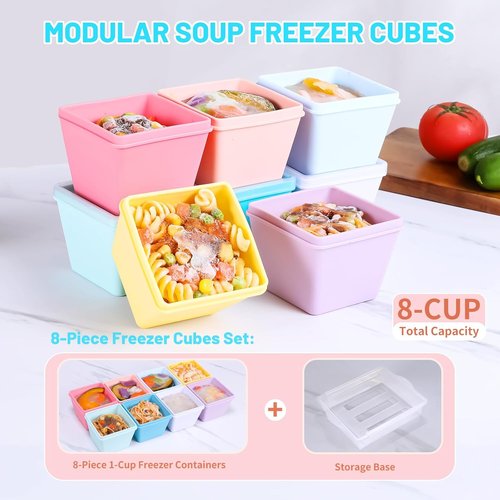Gemice Silicone Freezer Molds - BPA-Free 8-Pack Soup Cube Trays with Lids | Oven & Dishwasher Safe