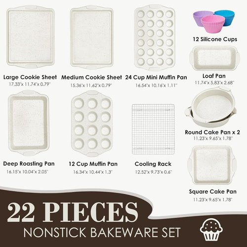 AIVIKI Nonstick Baking Pans Set - 22-Piece Stackable Bakeware with Silicone Handles & Versatile Cookware