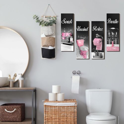 Honoson Bathroom Wall Art - 4 Pcs Farmhouse Decor Signs for Soak, Unwind & Relax | Black & Pink