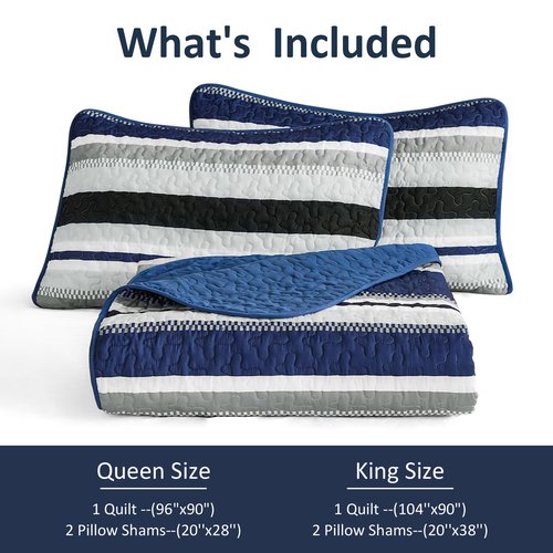 WONGS BEDDING Quilts Queen Size, Navy Blue Quilt Bedspread Bedding Set, Summer Queen Coverlet Sets with Shams, 3 Pieces Lightweight Striped Quilt for Bed(96"x 90")