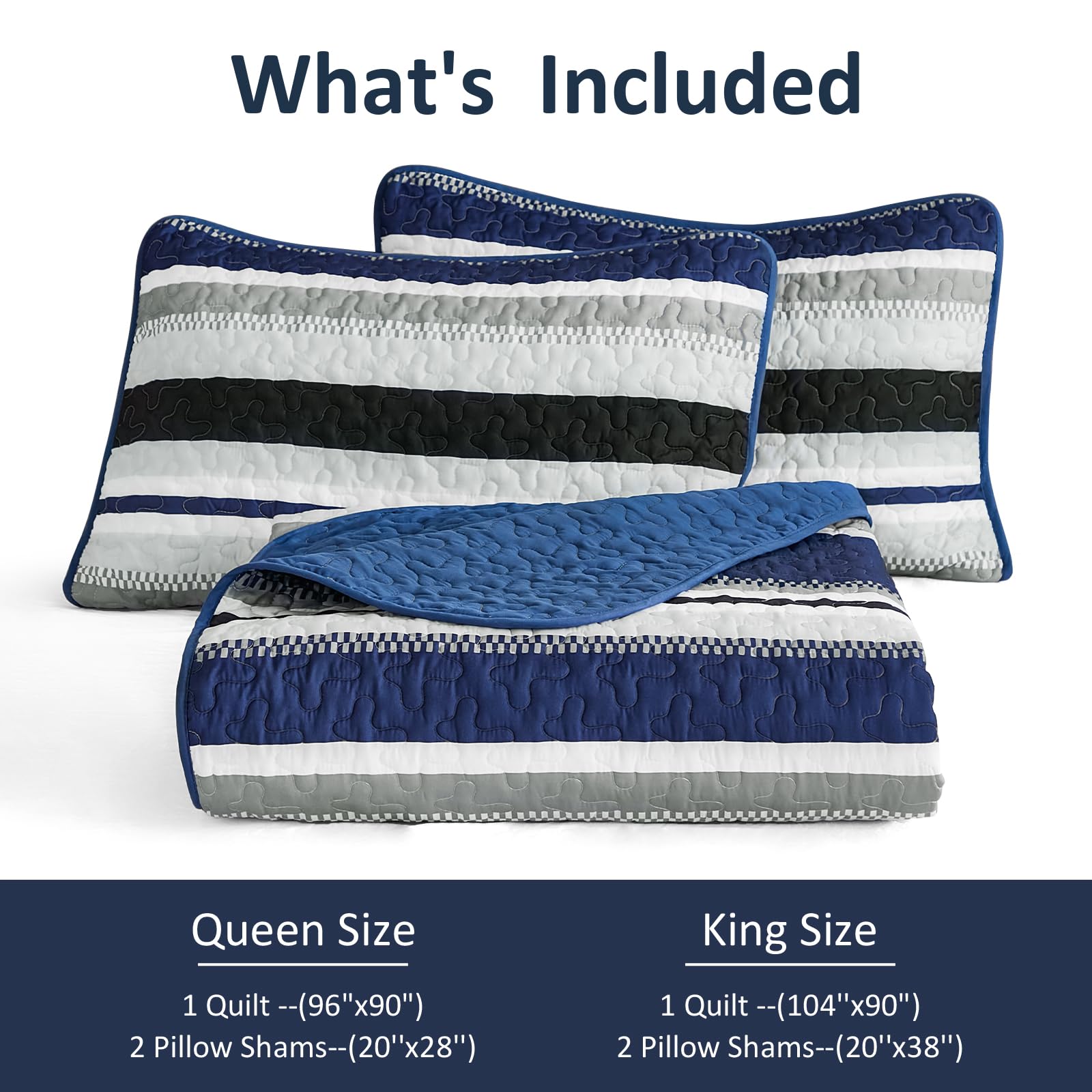 WONGS BEDDING Quilts Queen Size, Navy Blue Quilt Bedspread Bedding Set, Summer Queen Coverlet Sets with Shams, 3 Pieces Lightweight Striped Quilt for Bed(96"x 90")