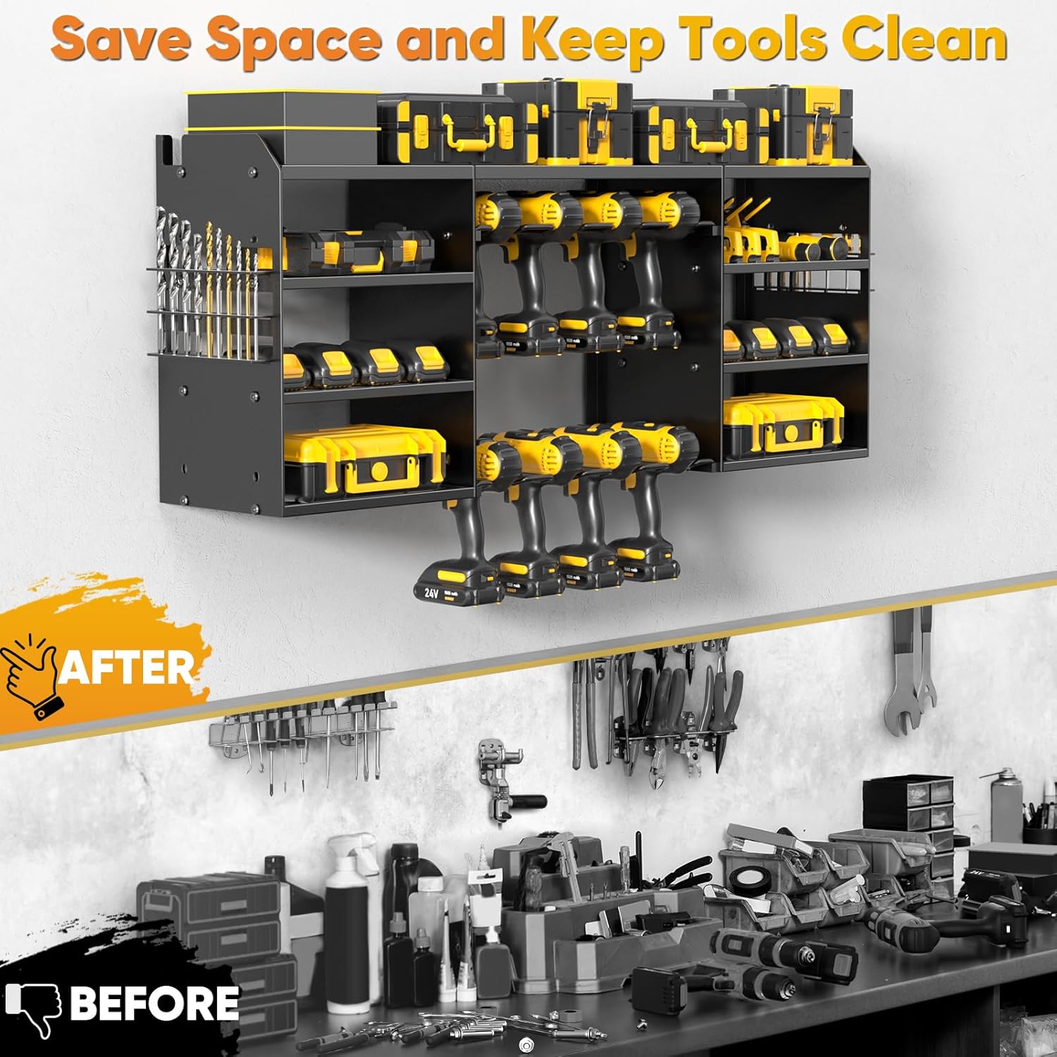 POKIPO Large Power Tool Organizer - Heavy Duty Wall Mount Drill Holder for 8 Drills | Black Utility Rack