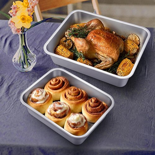 E-far Stainless Steel Deep Lasagna Pan Set - Non-Toxic, Heavy Duty Roasting Dishes | 12.75 x 10 & 10.6 x 8.3 Inches