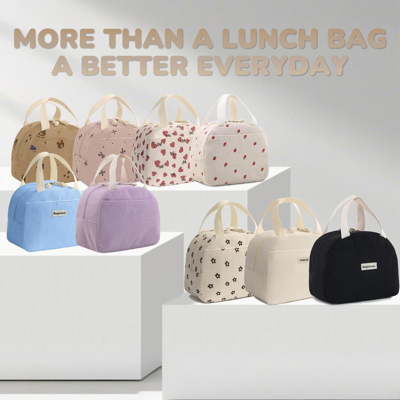 Baglemon Lunch Bag for Women Men Cute Corduroy Lunch Tote Bags Reusable Insulated Lunch Box Large Capacity Reusable Insulated Cooler for Work/Picnic/Travel
