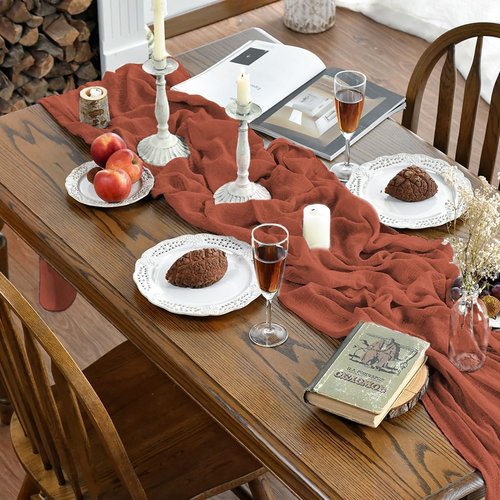 Artoid Mode Boho Cheesecloth Gauze Terracotta Wedding Table Runner, 160 Inch Seasonal Fall Thanksgiving Fabric Kitchen Dining Holiday Table Decor for Home Party Indoor