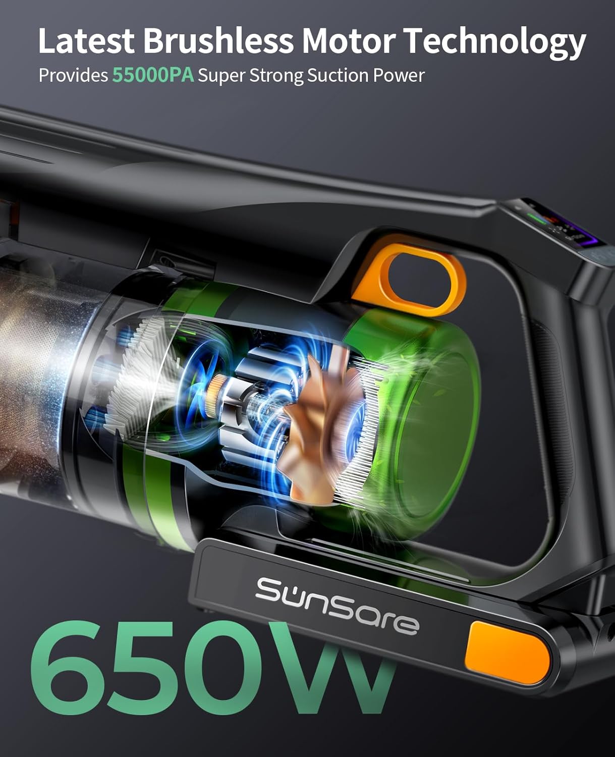 SunSare Cordless Vacuum Cleaner - 55KPa 650W Powerful Suction | 70 Minutes Runtime for Home Use