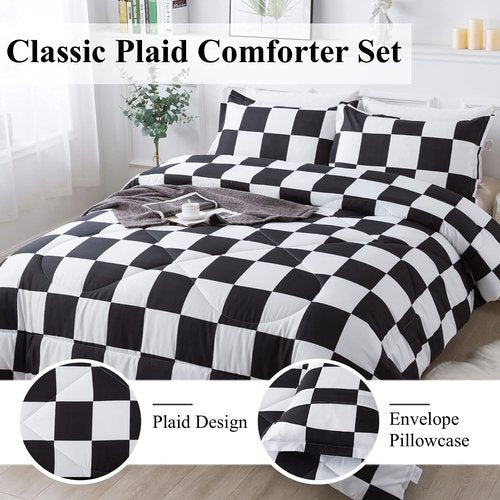 Andency Checkered Comforter Full(79x90Inch), Black White Plaid Gingham Bed Set for Teen Boys Kids, Lightweight Polyester Geometric Preppy Bedding, 3 Pieces