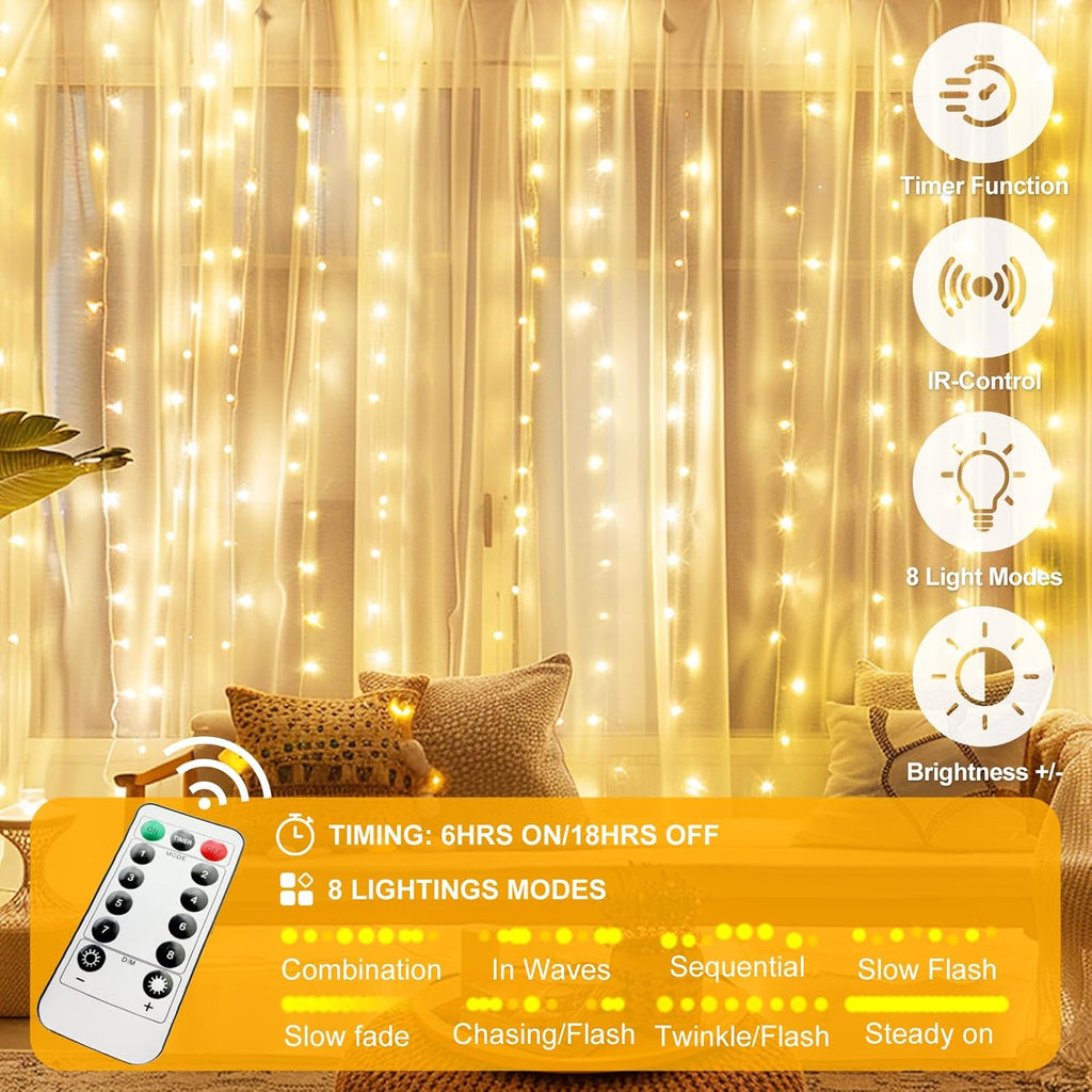 Skiennix 300 LED Fairy Curtain Lights - 9.8 x 9.8FT Warm White USB with Remote | 8 Modes for Christmas & Events