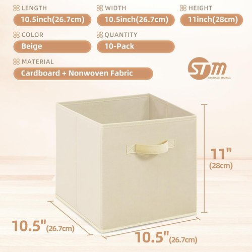 **Storage Maniac Storage Cubes - 11-Inch Collapsible Bins with Handles | 10-Pack Beige Fabric Organizers**