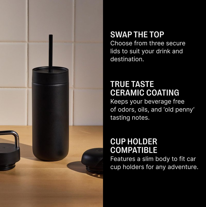 Fellow Carter 16 oz Travel Mug, 3 Lids Included - Ceramic Lined Insulated Coffee Tumbler with Straw, Leakproof, Dishwasher Safe, Vacuum Insulated Stainless Steel, Keeps Hot 12H Cold 24H - Stone Blue