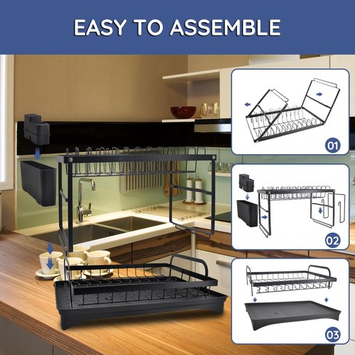 YSCGRICH Dish Drying Rack, 2 Tier Dish Racks for Kitchen Counter, Stainless Steel Dish Rack with Drainboard for Kitchen Counter, Kitchen Organizers and Storage Rack with Removable Utensil Holders