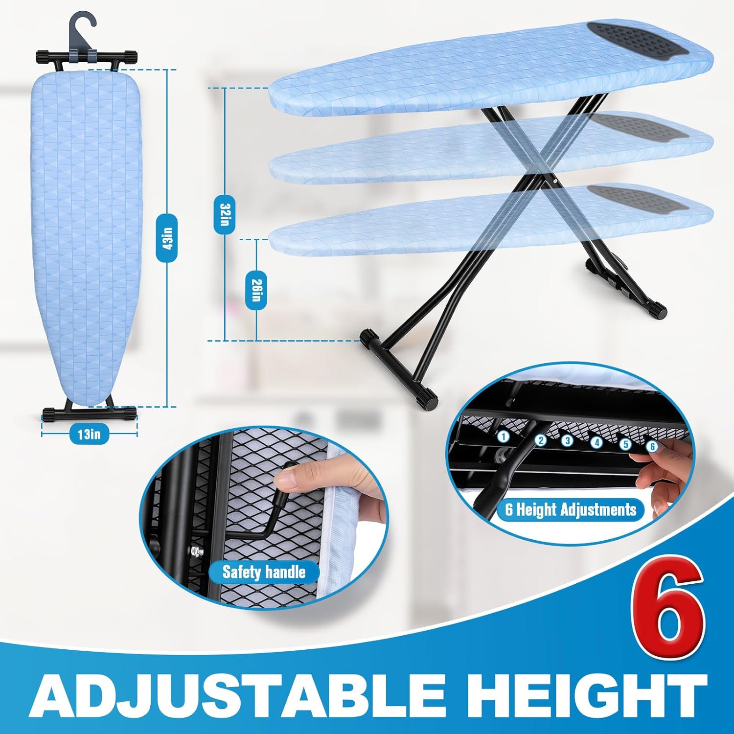 Skiennix Ironing Board - Heavy Metal Frame with Silicon Iron Mat | Foldable & Adjustable 13x43in