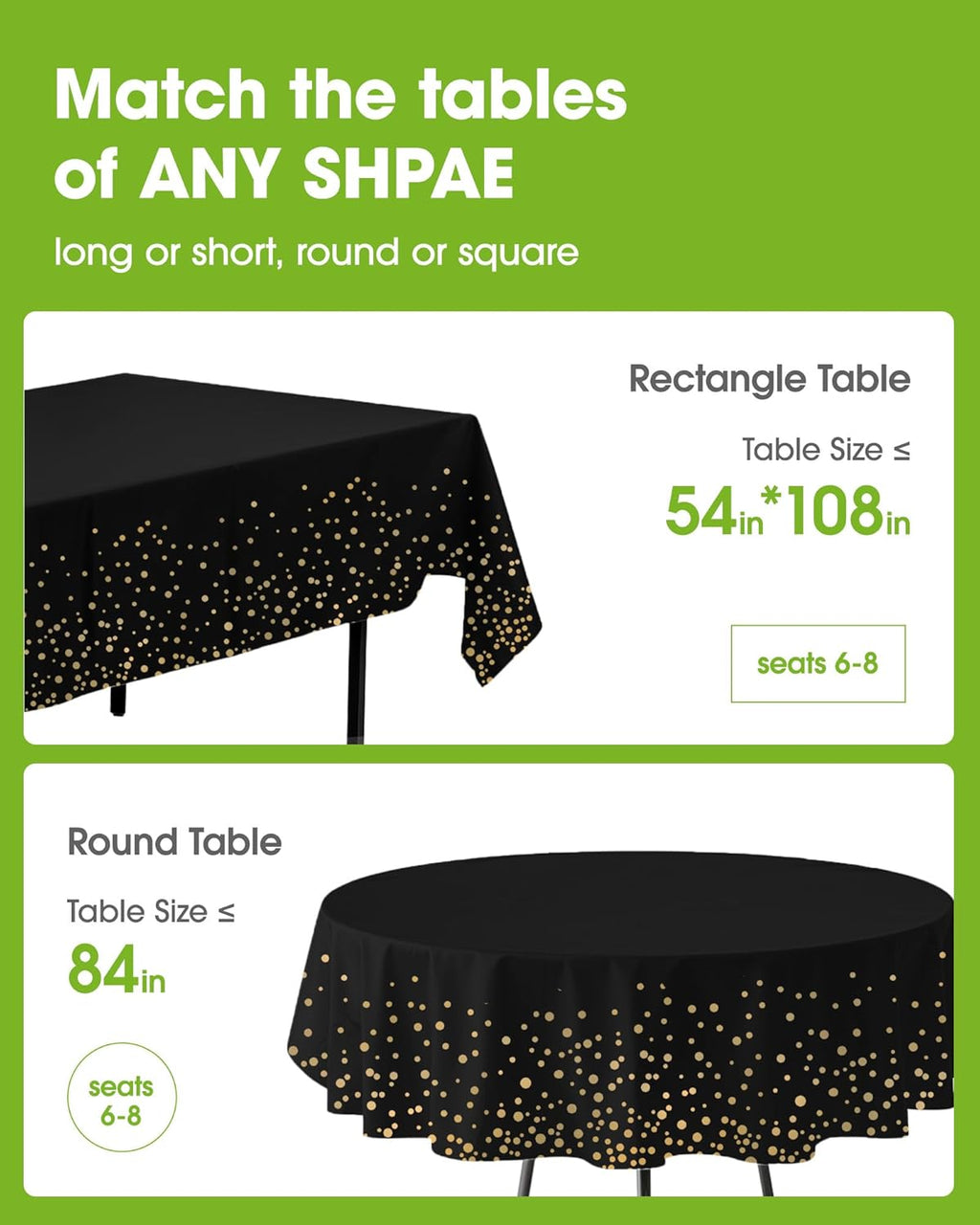 Pureegg Disposable Plastic Tablecloths - 10 Pack, 54 x 108 Inch, Leakproof & Sturdy, Black and Gold for Graduation Celebrations