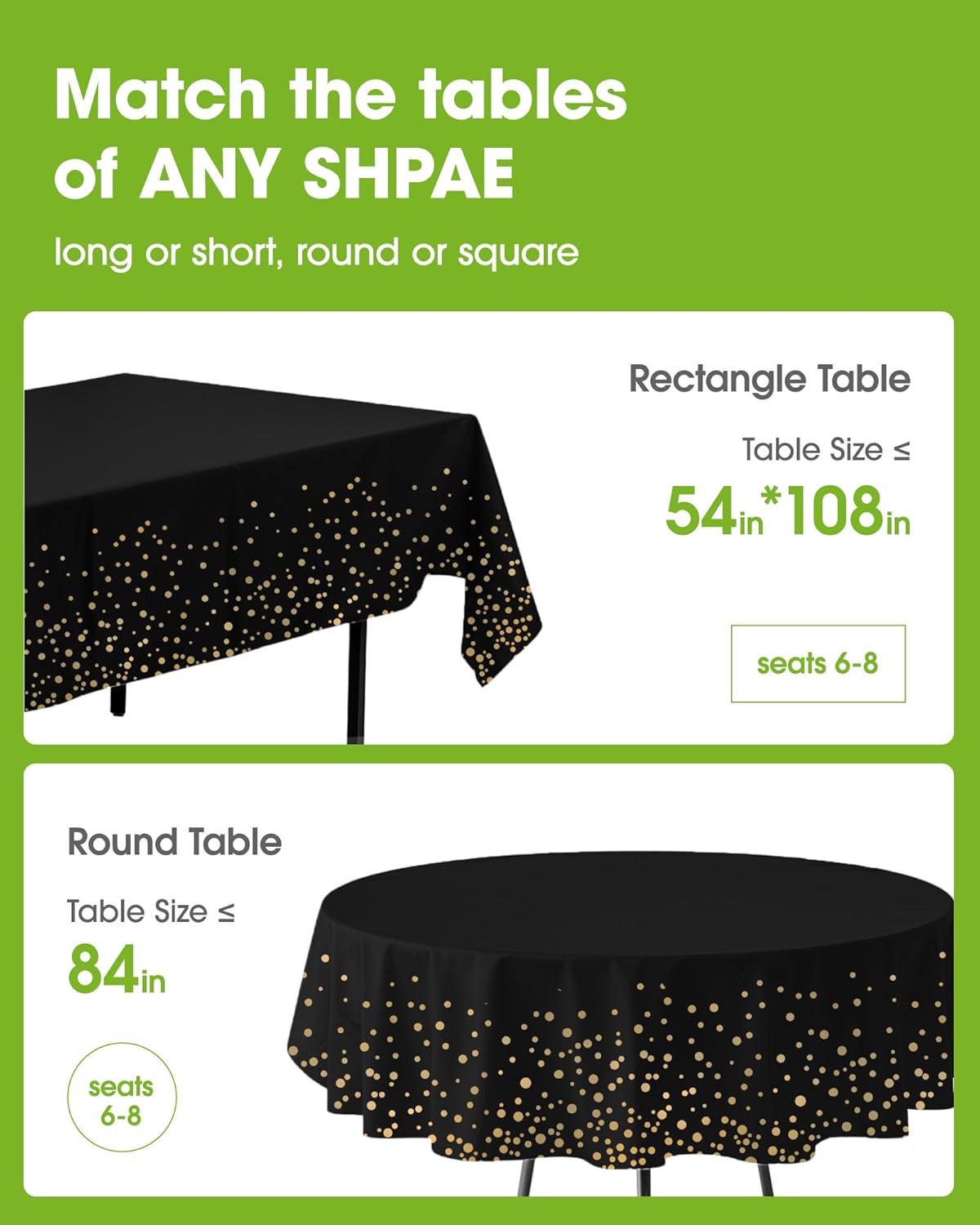Pureegg Disposable Plastic Tablecloths - 10 Pack, 54 x 108 Inch, Leakproof & Sturdy, Black and Gold for Graduation Celebrations