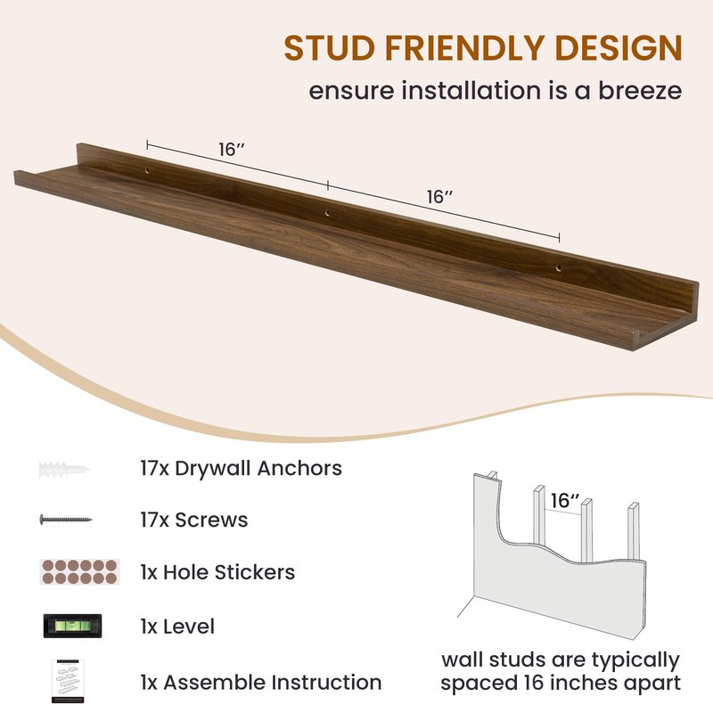 Axeman Picture Ledge Shelf, Floating Shelves for Wall Decor Storage Set of 6, 48 inch Floating Wall Mounted Shelves, Shelves with Lip for Living Room, Bedroom, Nursery, Bathroom, Kitchen, Walnut