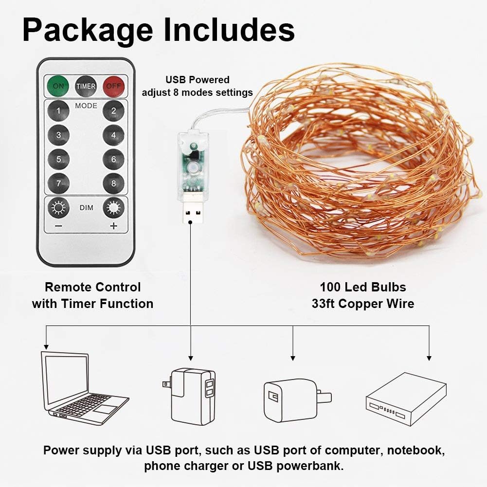 Twinkle Star 33ft 100LED Copper Wire String Lights - USB Powered Fairy Lights with Remote Control | Warm White for Weddings & Home Decor