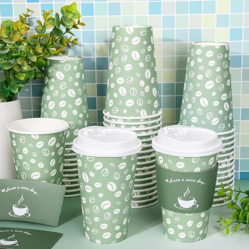 Whaline 100 Pack Disposable Coffee Cups with Lids and Sleeves 16oz Sage Green Thickened Leak-Proof Paper Cups To Go Coffee Cups for Hot Cold Drink Cafes Shops Cappuccino Chocolate Beverage Cocoa