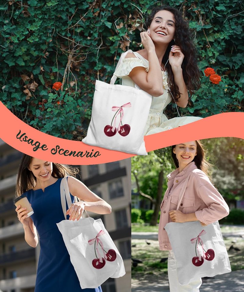 SZERE Coquette Pink Bow Cherry Canvas Tote Bag for Women Teen Girls, Coquette Pink Cherry Themed Stuff Gifts for Women, Cute Small Work Travel Shopping Tote Bags Grocery Reusable Bags