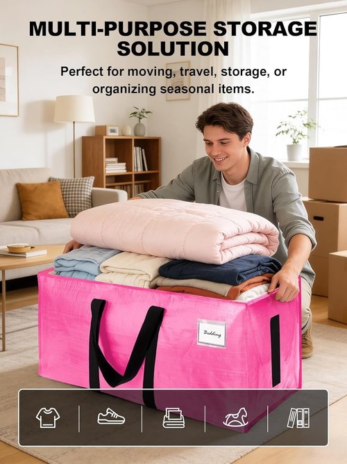 Large Moving Bags by [Brand Name] - Heavy Duty Water-Resistant Storage Totes with Zippers & Handles | 12 Pack (Pink)