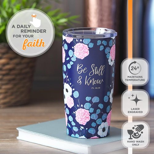 Christian Art Gifts Stainless Steel Double-Wall Vacuum Insulated Travel Mug 18 oz Navy Blue with Pink Floral Tumbler with Lid for Women with Inspirational Bible Verse - Be Still & Know -Psalm 46:10