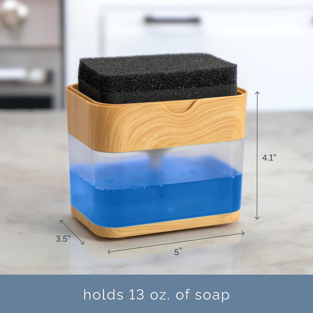 S&T INC. Dish Soap Dispenser - Waterproof Labels & Sponge Holder, 13 Oz Plastic & Bamboo
