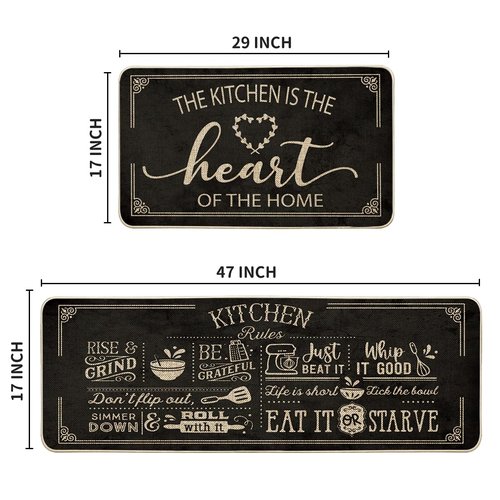 Artoid Mode Black Cooking Sets Kitchen Mats Set of 2, Seasonal The Kitchen is The Heart of The Home Holiday Party Low-Profile Floor Mat for Home Kitchen - 17x29 and 17x47 Inch