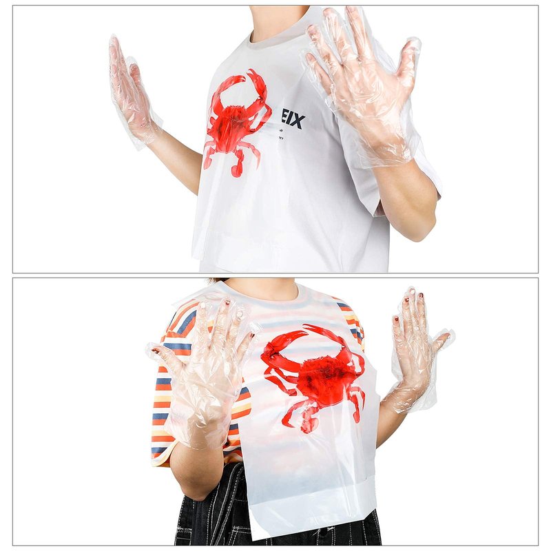 Patelai 50pcs Crab Lobster Bibs and 50 Pairs of Plastic Disposable Gloves Disposable Adult Crab Feast Bibs for Seafood(Crab Style)