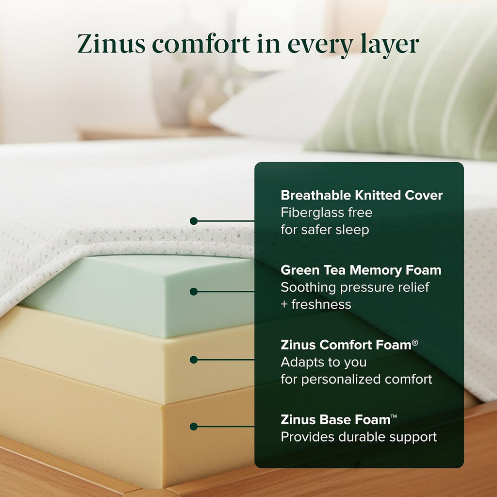 Zinus 12 Inch Full Green Tea Memory Foam Mattress - Medium Firm, Zoned Pressure Relief, Fiberglass Free
