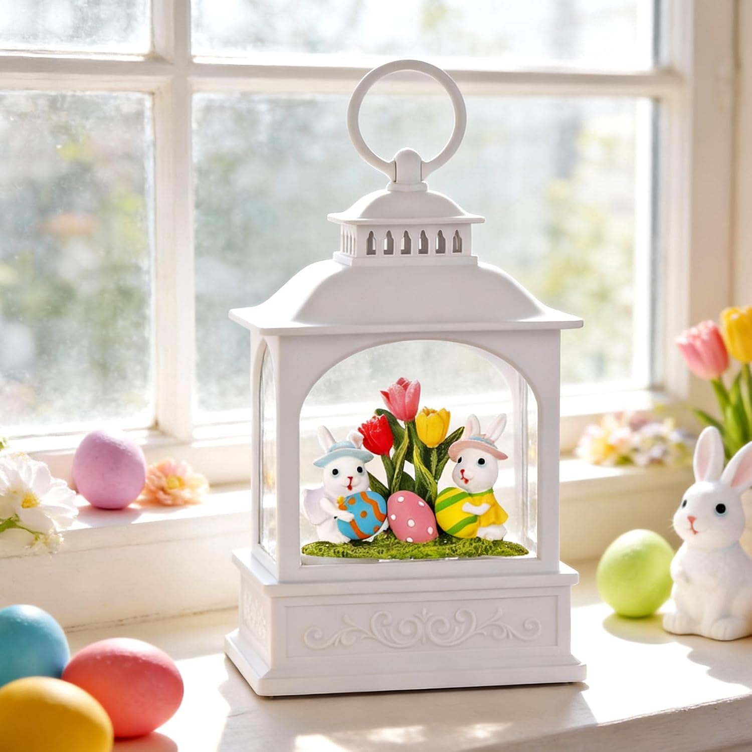 Skiennix Easter Bunny Snow Globe - Glitter Lantern with Timer for Spring Decor | 6 Hours