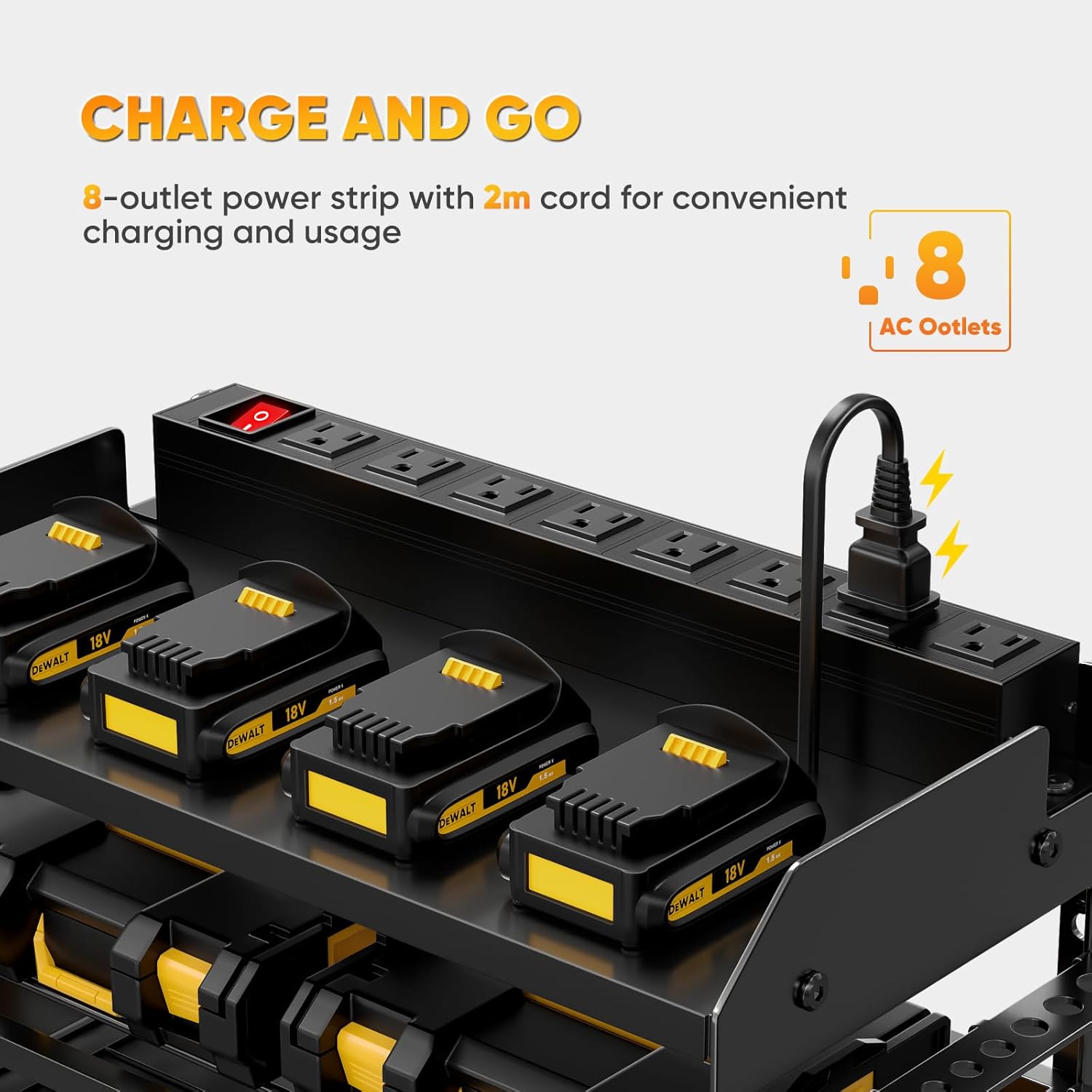 POKIPO Power Tool Organizer - Heavy-Duty Wall Mount Storage Rack with Charging Station & 8 Outlet Power Strip | 6.56 Ft Cord