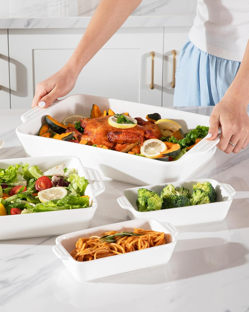 Sweejar Ceramic Bakeware Set - 4 Rectangular Casserole Dishes with Handles for Oven | White Lasagna Pans