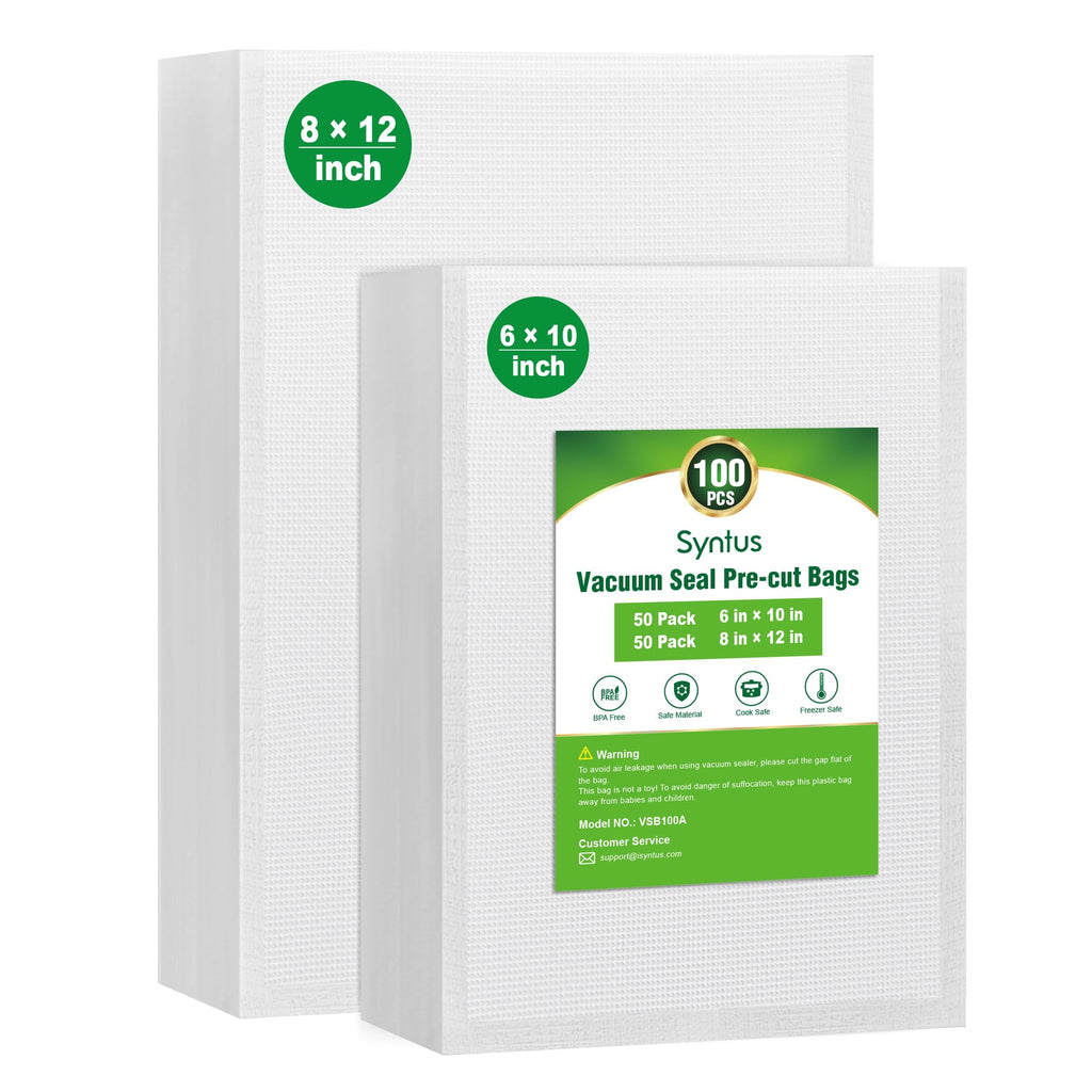 Syntus Vacuum Sealer Bags, 100 Quart 8" x 12" and Pint 6" x 10" Commercial Grade PreCut Bag, BPA Free Food Vac Bags for Storage, Meal Prep or Sous Vide