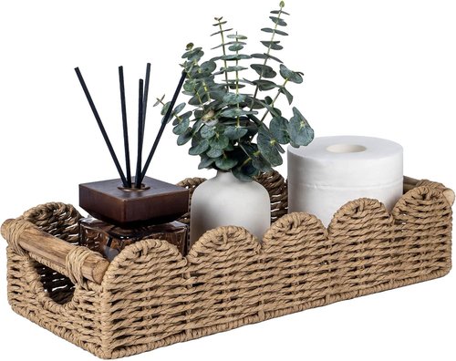 CubesLand Bathroom Basket Organizer - Scalloped Wicker Storage Tray with Cut-Out Handle | Neutral Color