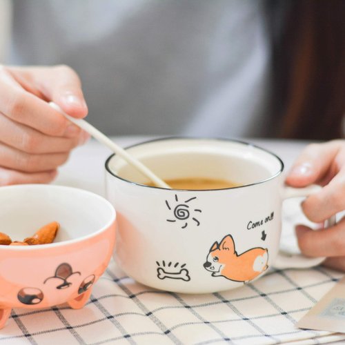 SQKJ Cute Corgi Ceramic Coffee Mugs Tea Cups with Lid and Spoon Lovely Dog Design Gifts for Kids Girls Boys (370ml+160ml/12.5oz + 5.4oz)