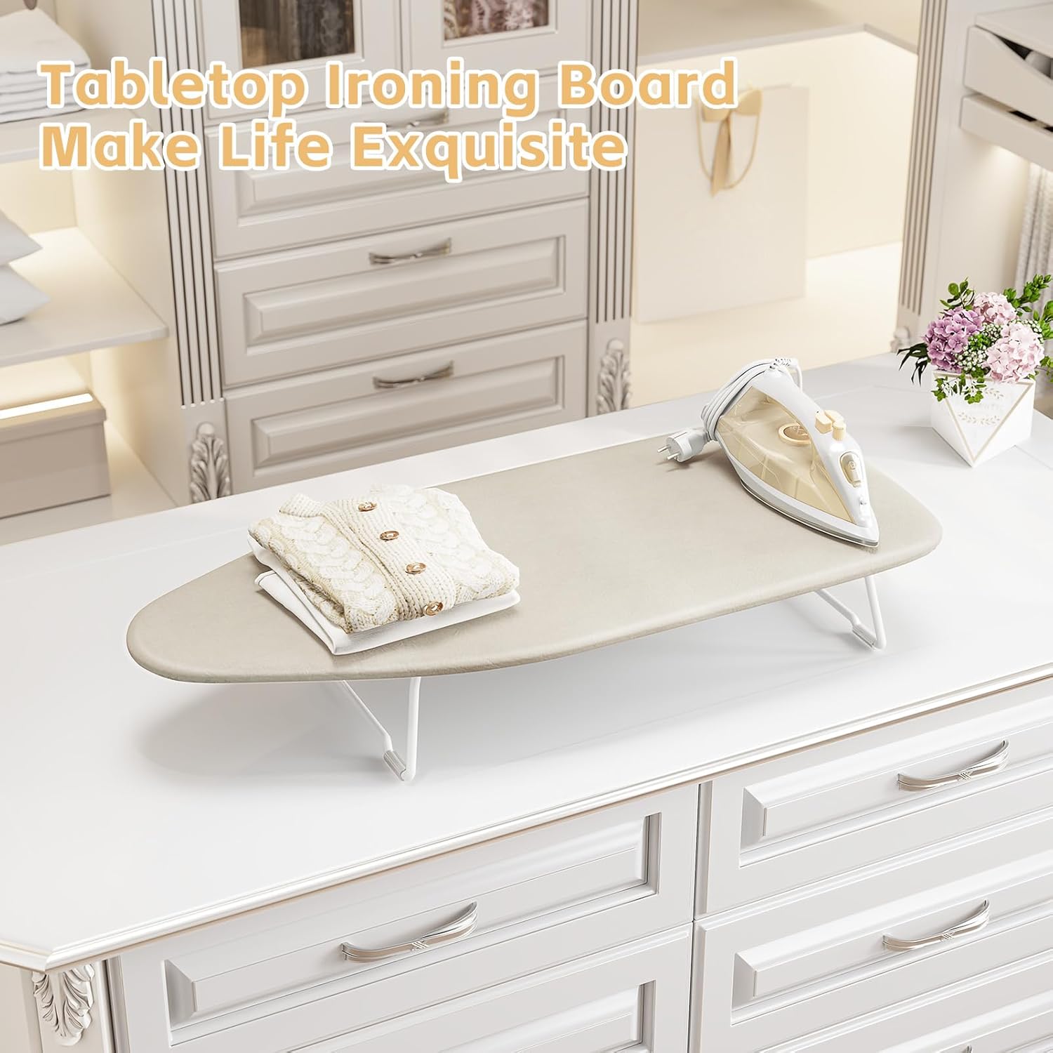 Skiennix Compact Mini Ironing Board - Heat Resistant Cover & Metal Mesh Frame | 12x30 Inches, Cream White