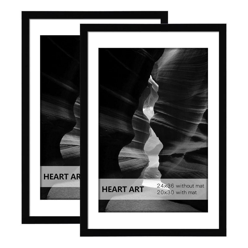 HEART ART 24x36 Poster Frame with Mat, Black Picture Frame, Display Pictures 20x30 with Mat or 24 x 36 Without Mat, Poster Frames 24 x 36 inches for Wall Mounting,2 Pack