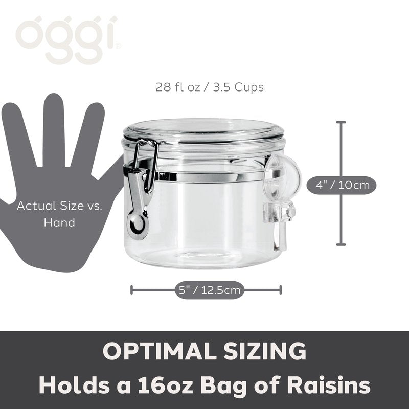 OGGI Clear Canister Airtight 28oz - Clamp Lid & Spoon - Airtight Food Storage Containers, Ideal for Kitchen & Pantry Storage of Bulk, Dry Food Including Flour, Sugar, Coffee, Rice, Tea, Spices & Herbs