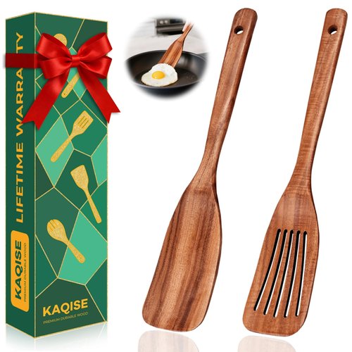 KAQISE Wooden Spatula for Cooking, 2-Piece Teak Wood Spatula Set for Nonstick Pans, Kitchen Utensils with Flat Turner&Slotted Spatula, Heat Resistant Natural Solid Wood Cooking Tools
