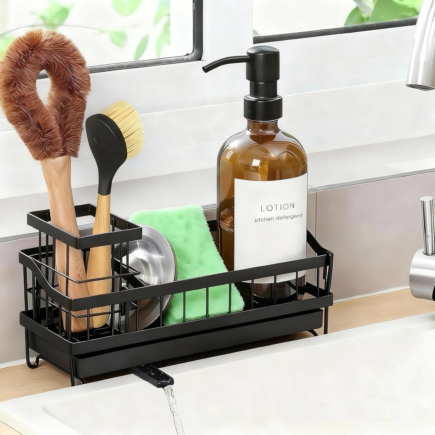 Skiennix Kitchen Sink Caddy - Rustproof High-Carbon Steel Organizer with Brush Holder & Soap Dispenser