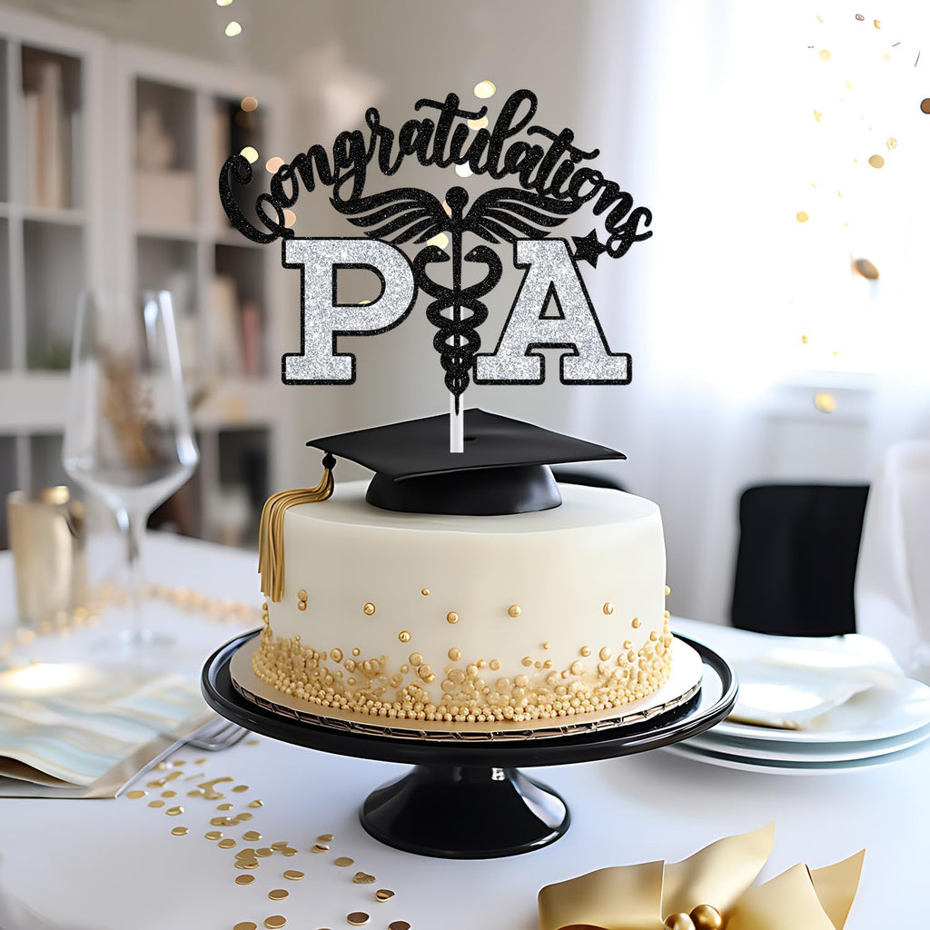 PA Cake Topper - Graduation Decorations 2025 | Congrats Nurse/Doctor, Black & Silver Glitter